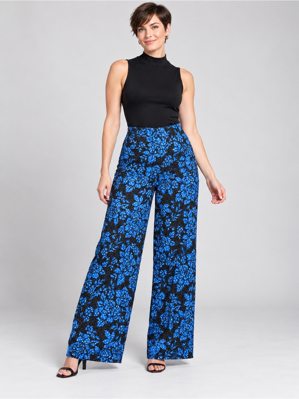 Diane von Furstenberg Blue Floral Silk Blend Wide Leg Pants Size 8 EUC